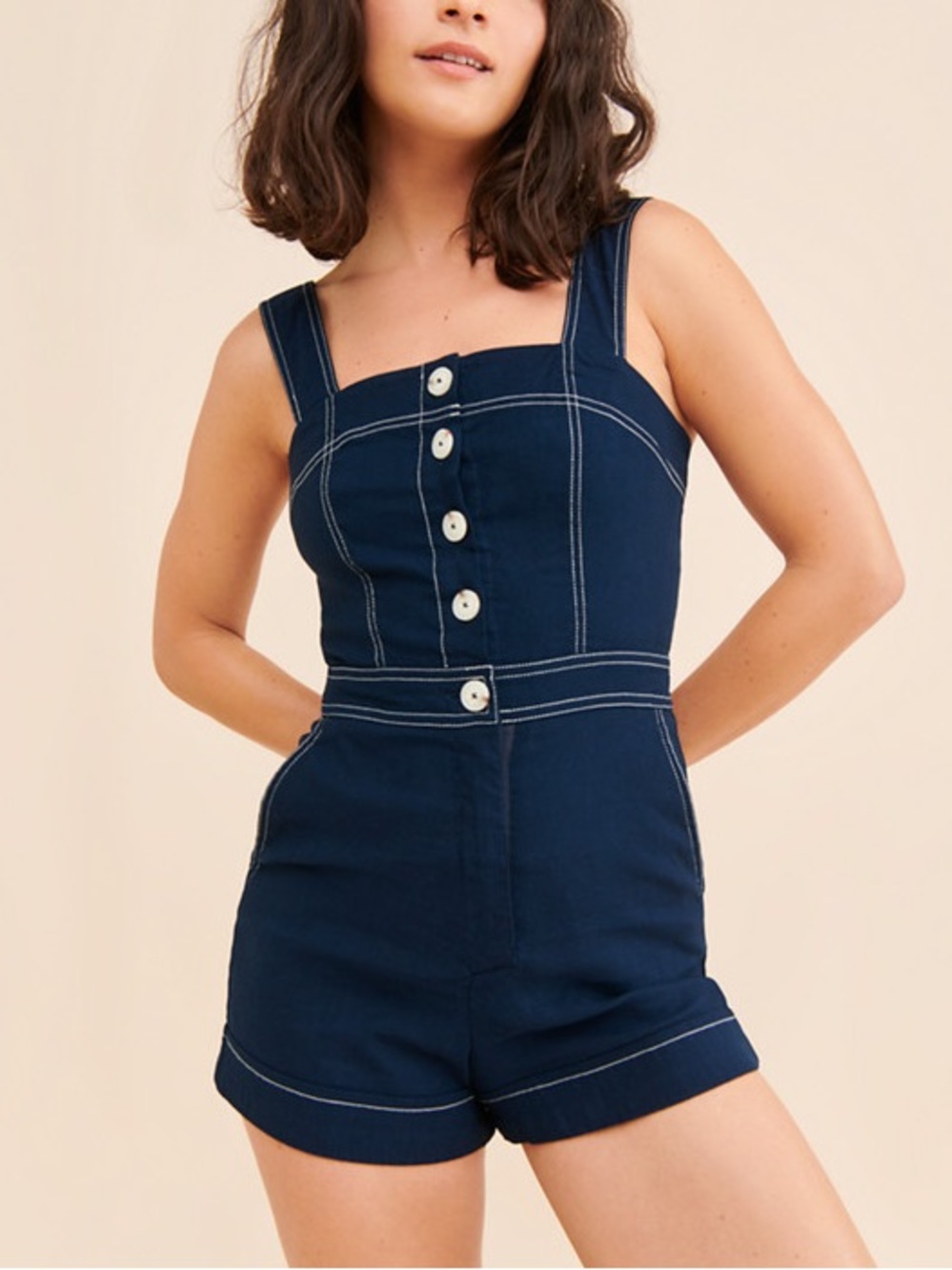 Anthropologie Maeve The Portside Button Front Romper in Navy